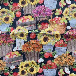 Fall Market Packed Basket Flowers Apples Nicole Tamarin Cotton Fabric two (2) yd